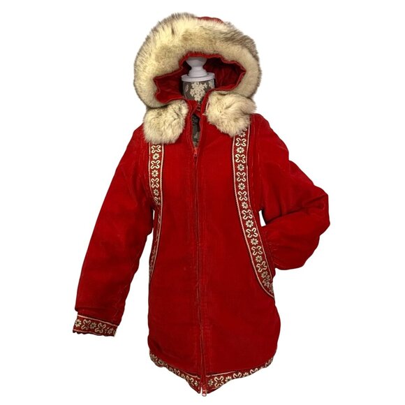 70s Inuit Eskimo Fur Trim Corduroy Coat Boho By Tlingint Artist Marleita Wallace - Picture 1 of 13